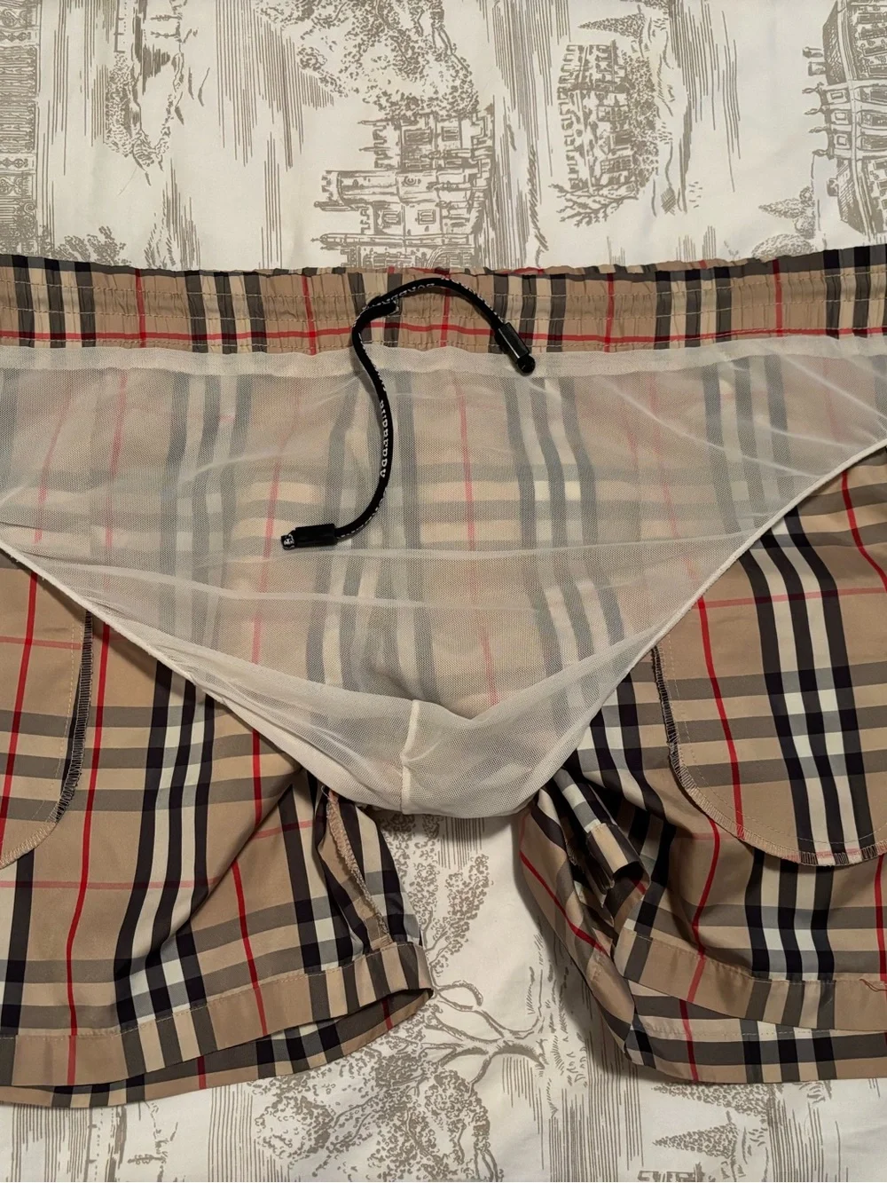 Burberry Beige Plaid Drawstring Swim Trunks
